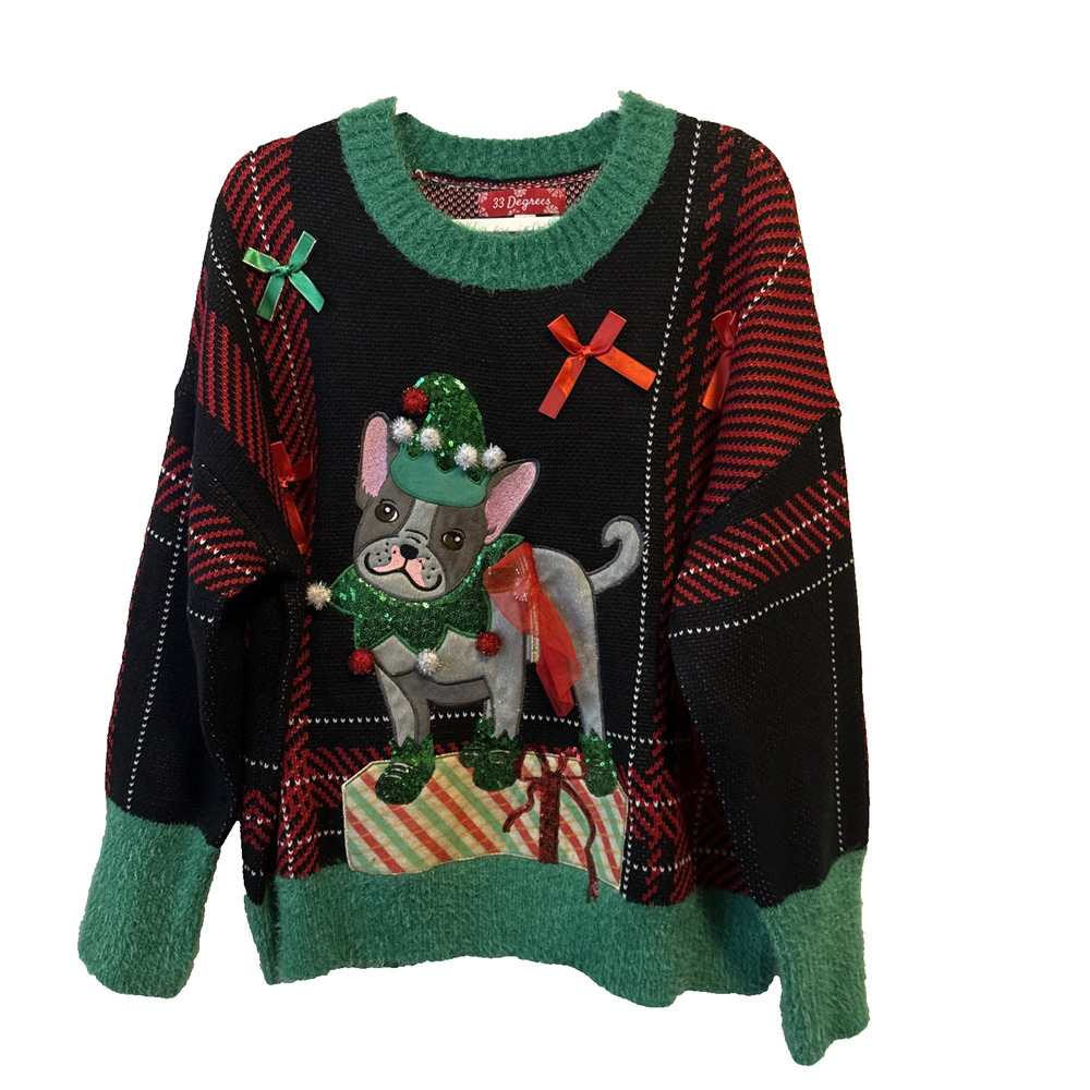 33 Degrees NWT Women's L Ugly Christmas Sweater Bulldog Holiday Party Festive